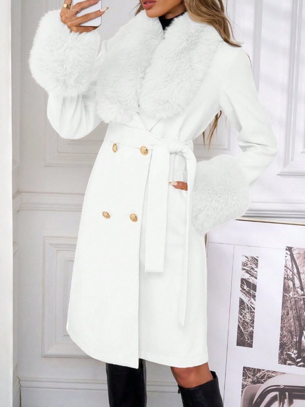 White Elegant Women's Faux Fur Collar Double-Breasted Overcoat